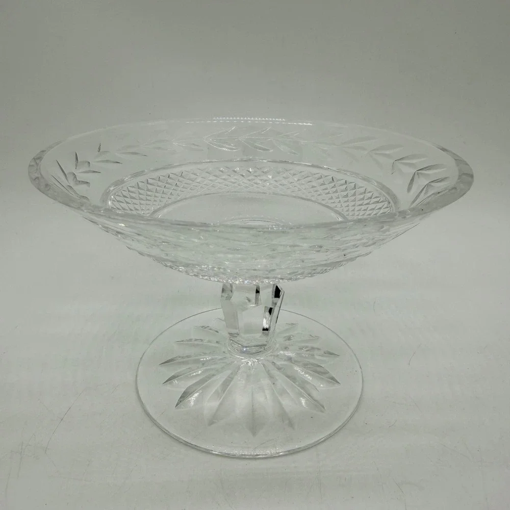 Vintage Cut Glass Pedestal Bowl Footed Candy Dish Laurel Leaf Etched Centerpiece
